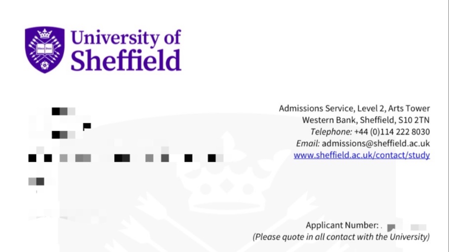 恭喜D学生， 成功被谢菲尔德的研究生录取