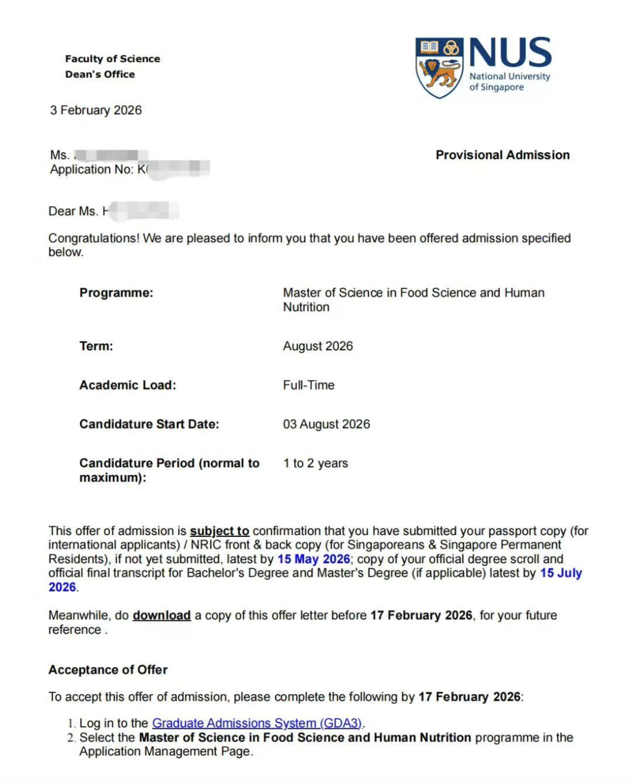 新加坡国立大学 食品科学与人类营养理学硕士