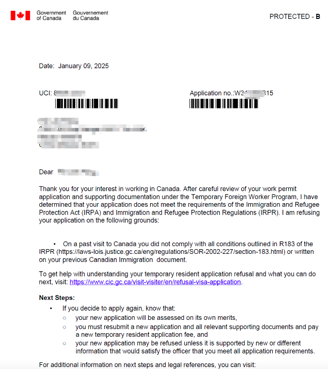 恭喜P先生 LMIA工签拒签申诉后, 重新获批!