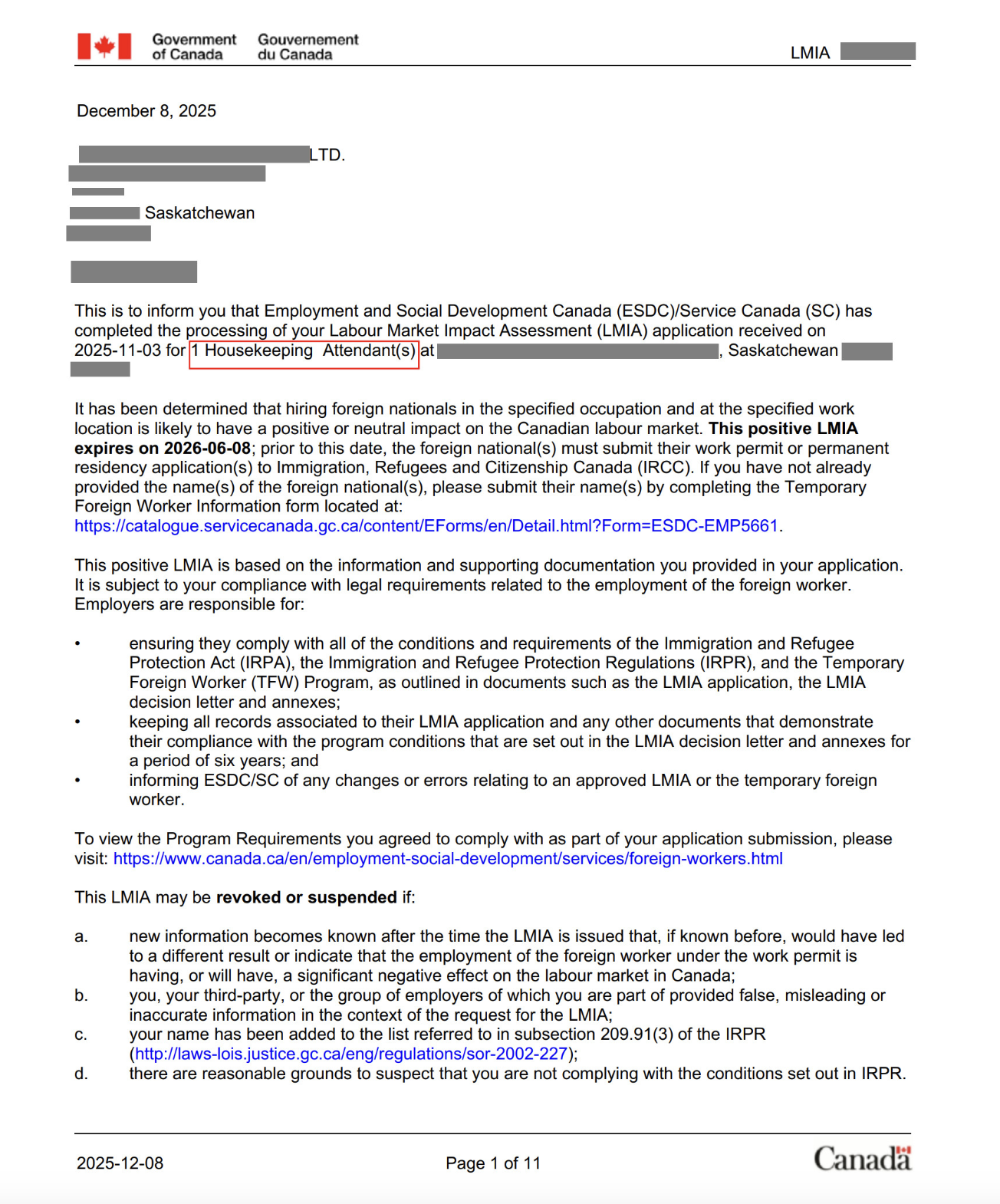 最新出炉加拿大萨省LMIA岗位客房清洁员