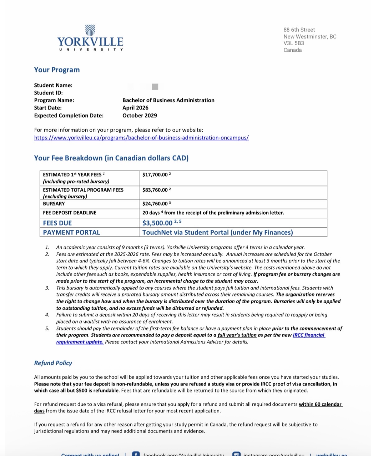 恭喜W 同学顺利收到Yorkville录取！