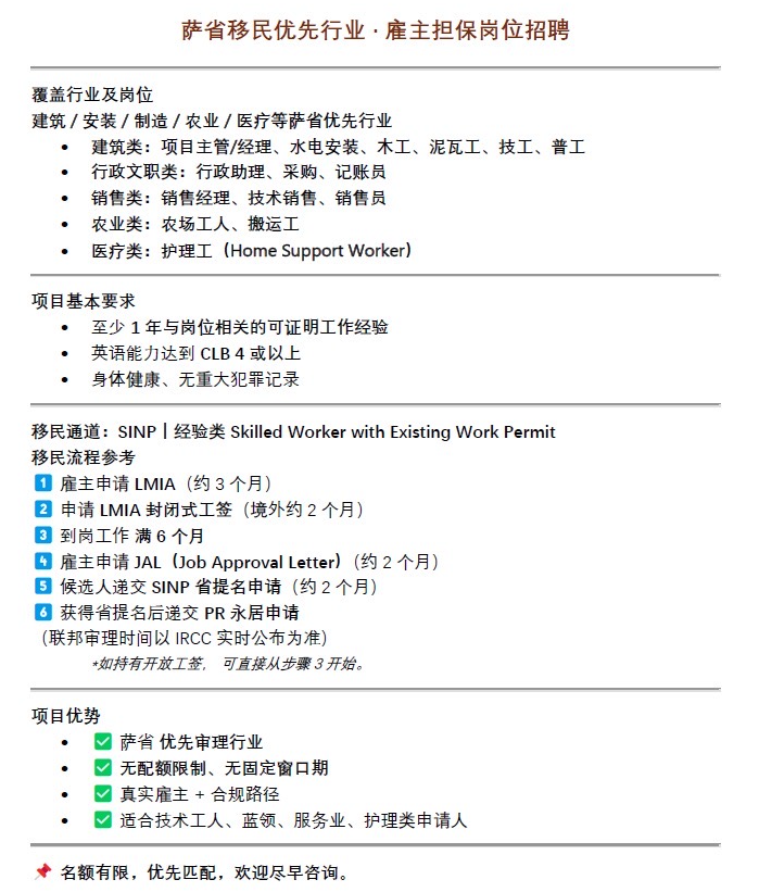 萨省现成移民岗位招聘！