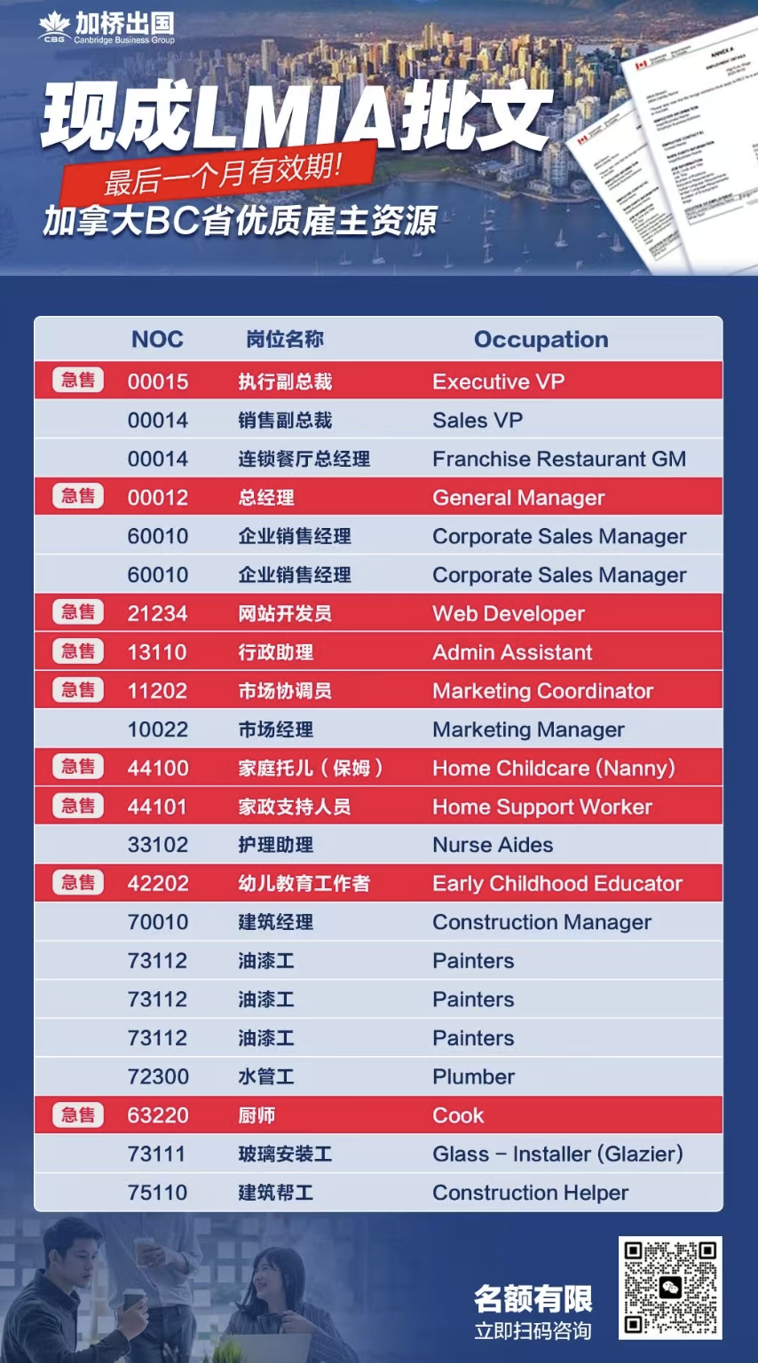 BC省温哥华现成的LMIA岗位❗️