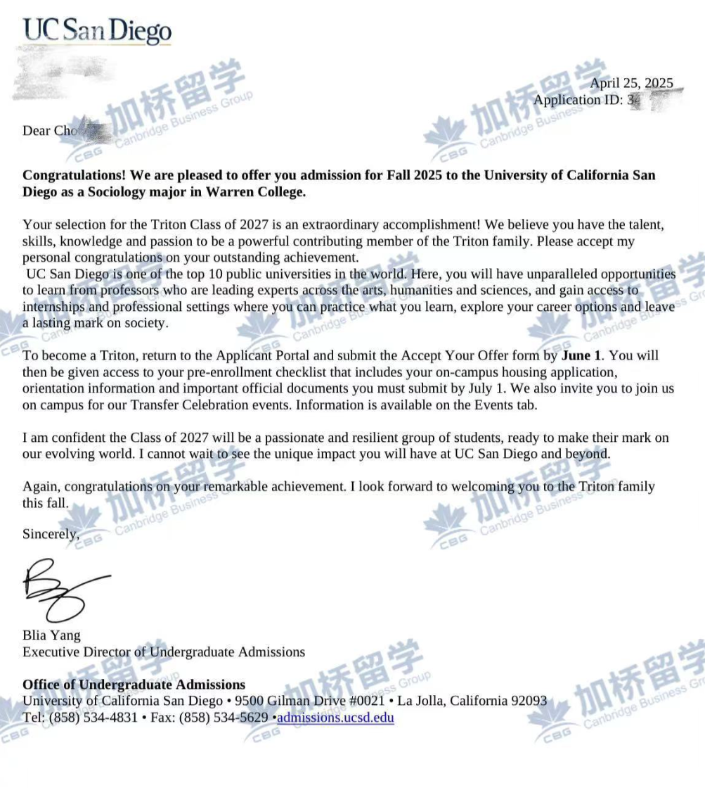 美国UCSD（世界排名62）的录取通知书来了