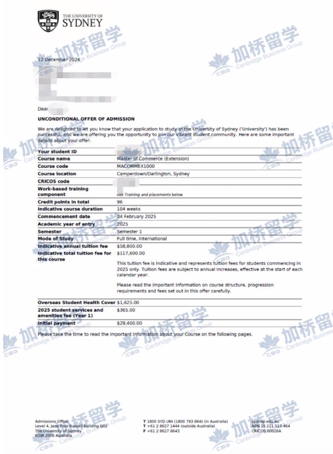 恭喜W同学，斩获悉尼大学研究生offer！