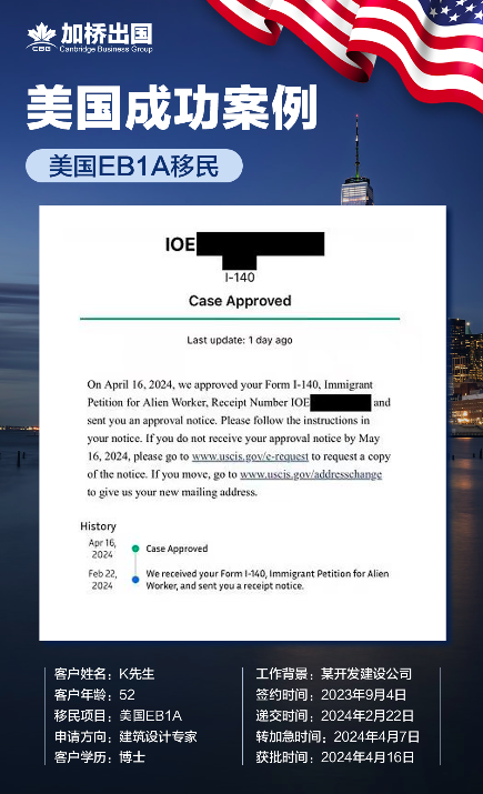 恭喜K 先生美国EB1A-I140获批