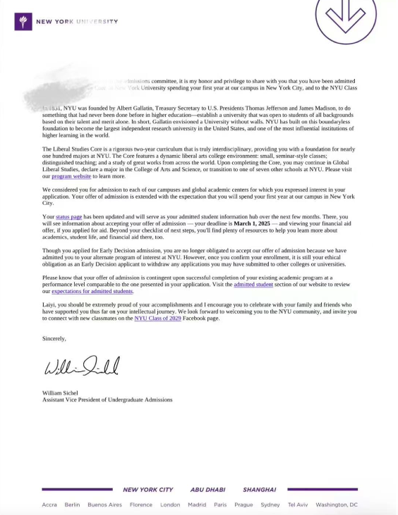 恭喜李同学被超牛的贵族大学纽约NYU录取！