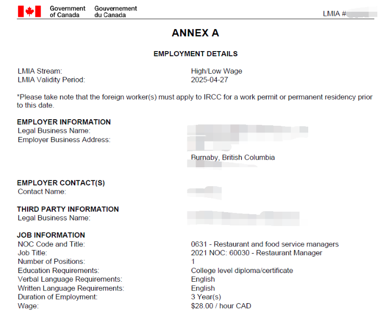 现成Burnaby大型连锁餐饮LMIA批文！