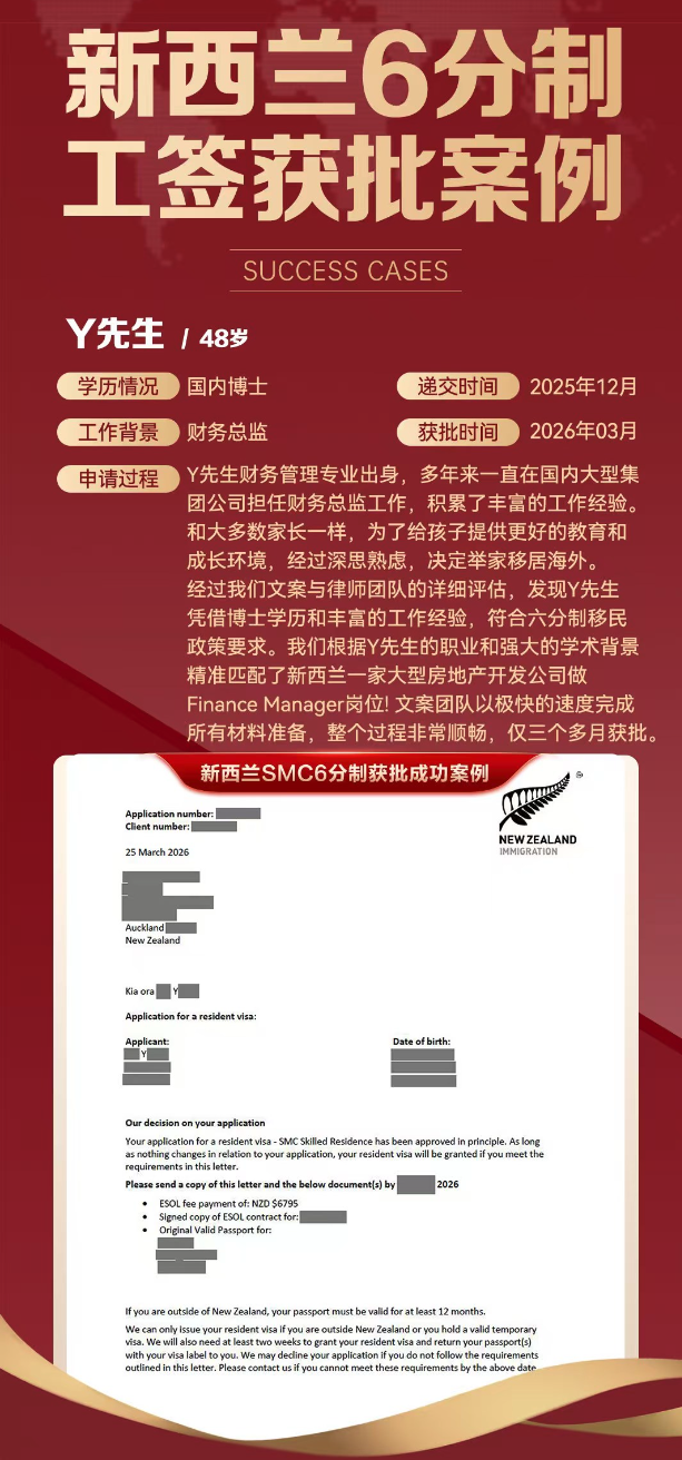 新西兰技术移民6分制新政博士客户获批案例 