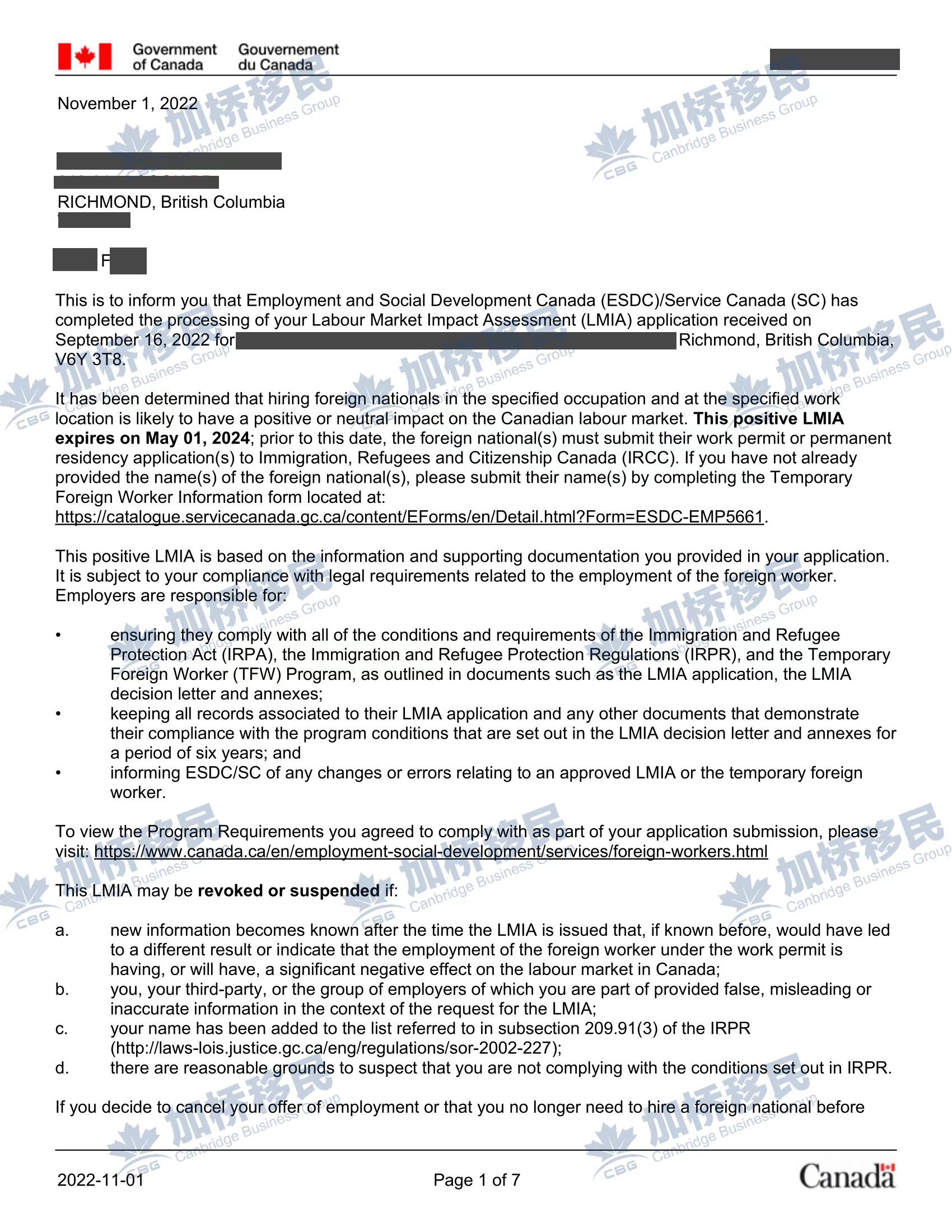 恭喜Y女士LMIA（noc0601 cooperate sales manager)一周加上名字