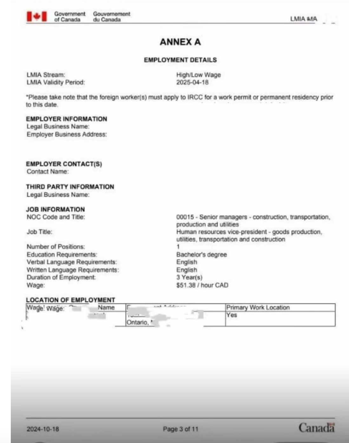 现成00类LMIA！人力资源副总裁可加200分！