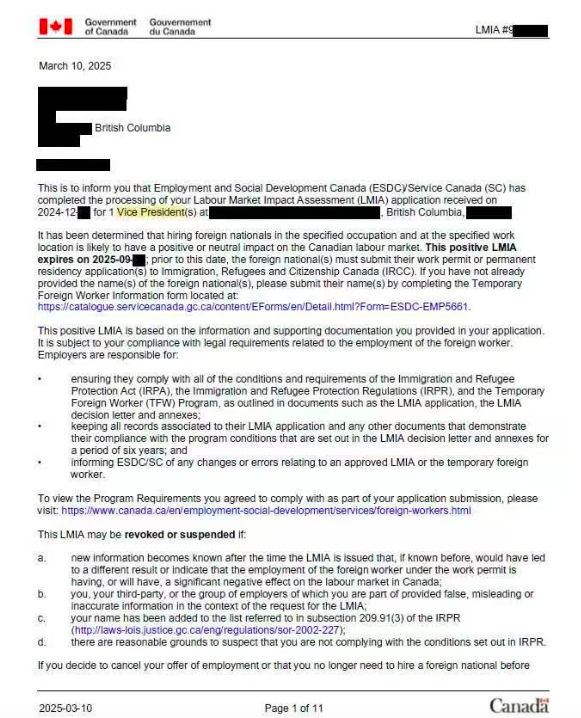 加拿大机械公司销售（00）LMIA VP获批！