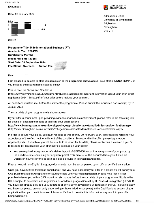 恭喜王同学获得伯明翰大学国际商务硕士offer
