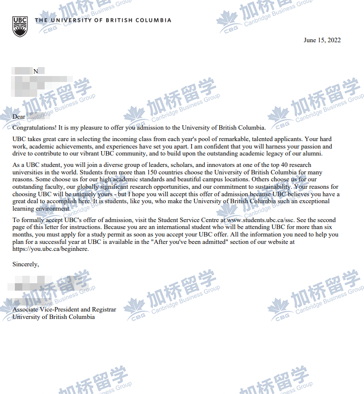 恭喜N同学被UBC 2022年9月份录取！
