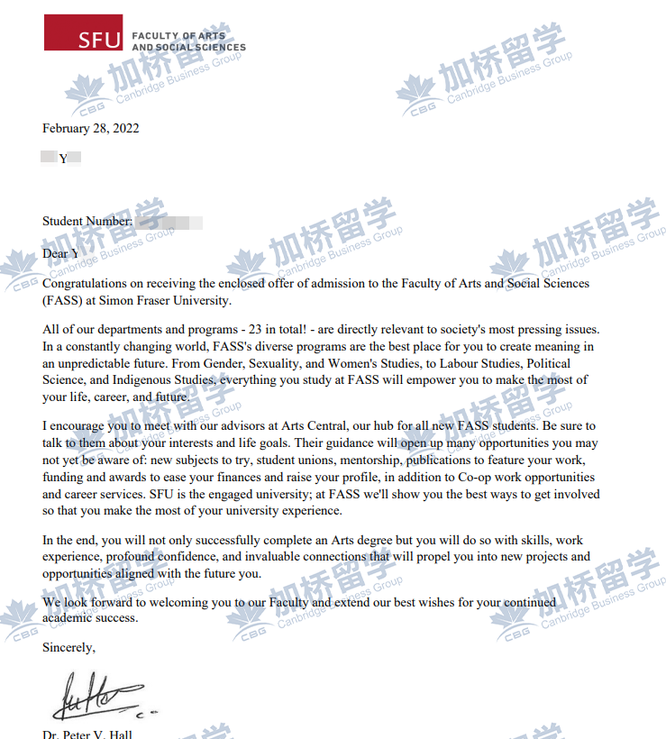 恭喜Y同学被SFU录取！