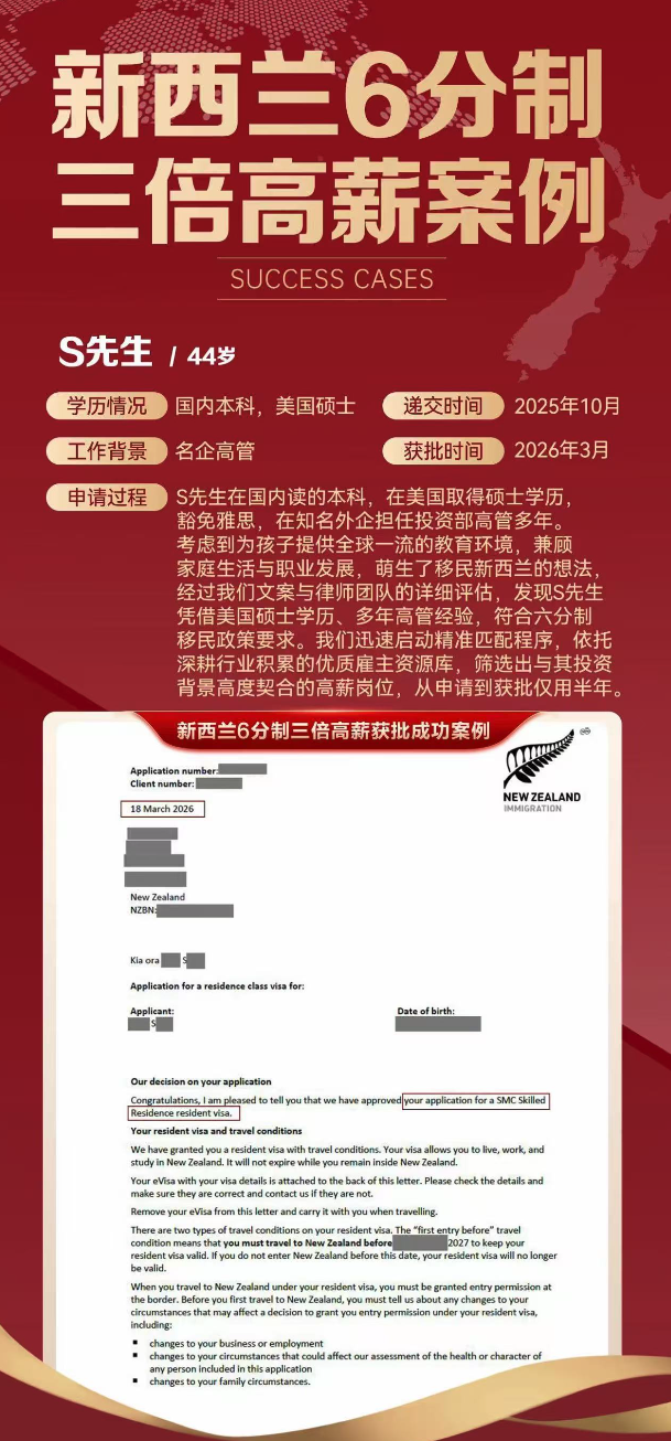 最新3月新西兰技术移民6分制三倍高薪客户获批