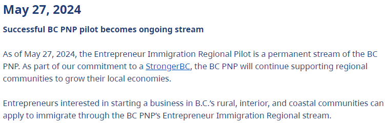 加拿大BC卑诗省企业家移民区域试点项目永久化