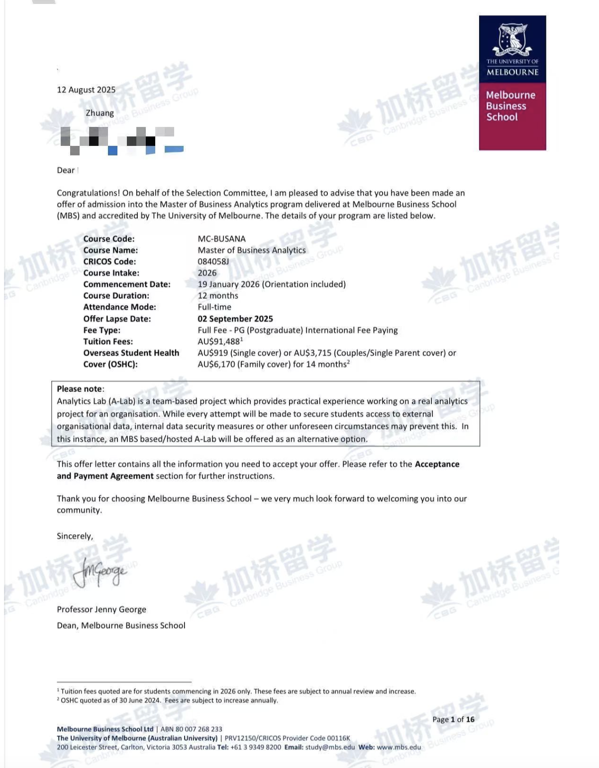 恭喜zhuang同学顺利拿下墨尔本大学offer