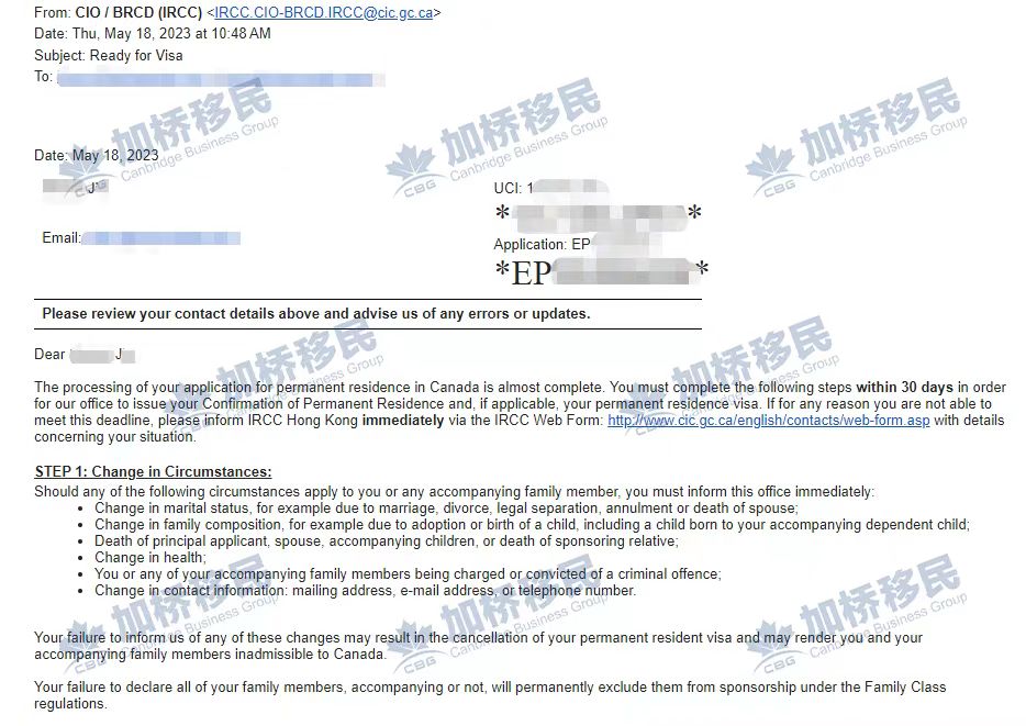 恭喜加桥客人J先生PR申请获批