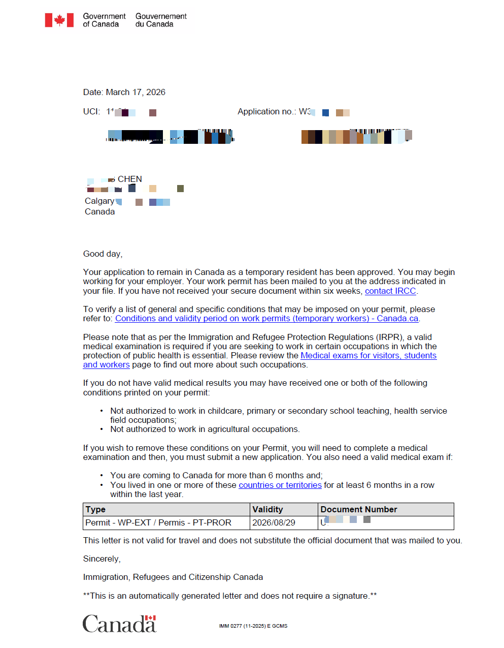 恭喜Chen先生！LMIA工签续签翻案申请成功 