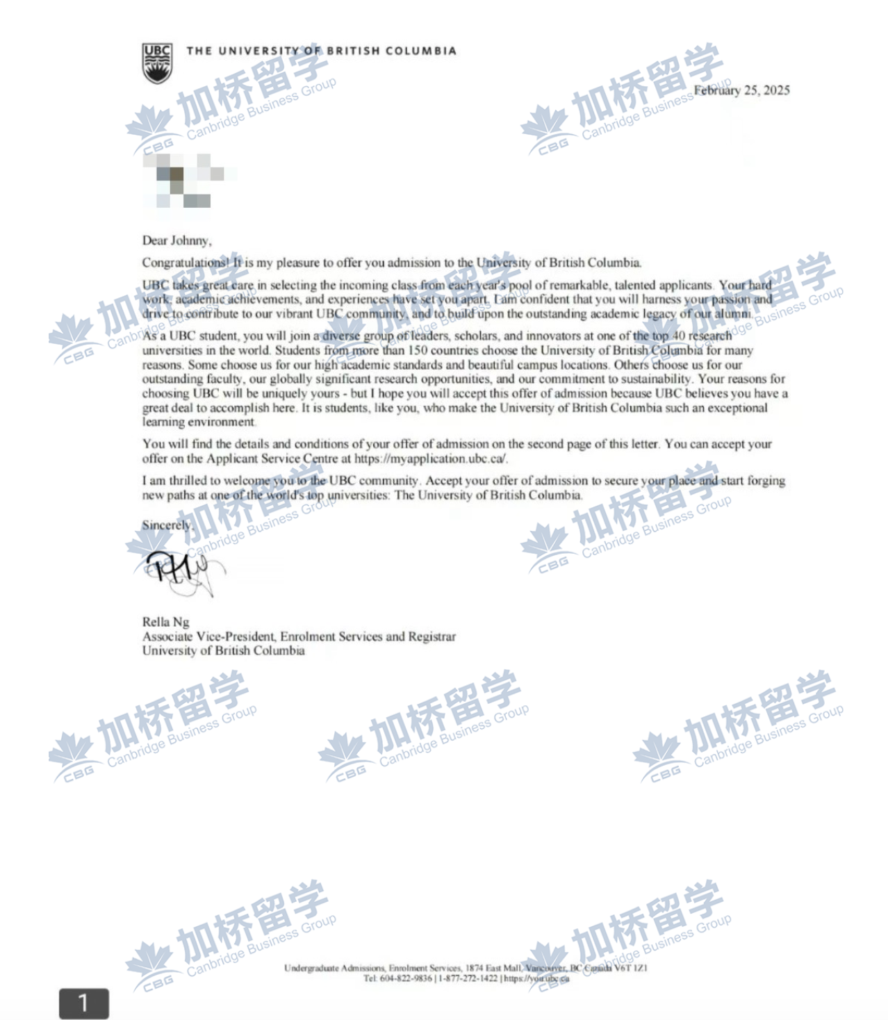 恭喜J童鞋获得英属哥伦比亚大学（UBC）录取！