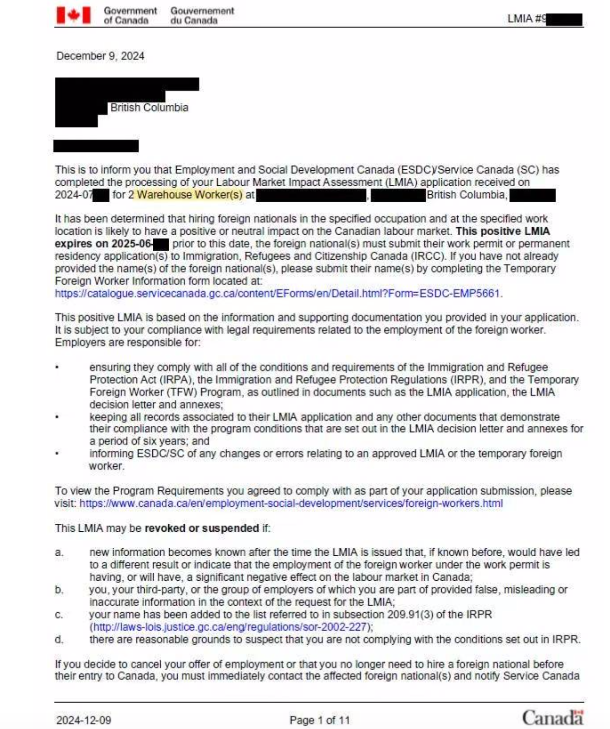 两个现成BC的Warehouse LMIA！