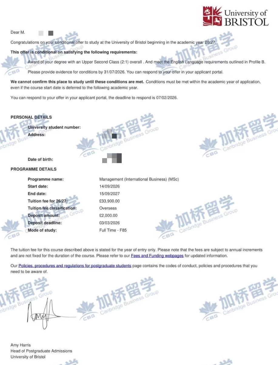 恭喜J 成功获得布里斯托大学的研究生Offer！