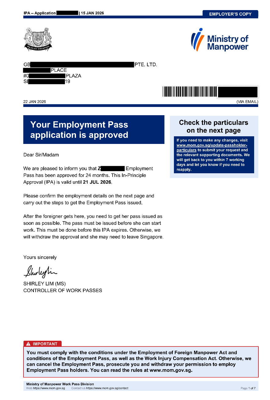 新加坡自雇EP双股东获批案例