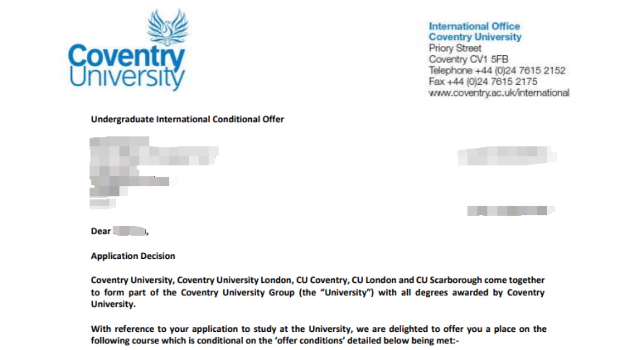 恭喜OU同学顺利获得考文垂大学的offer！