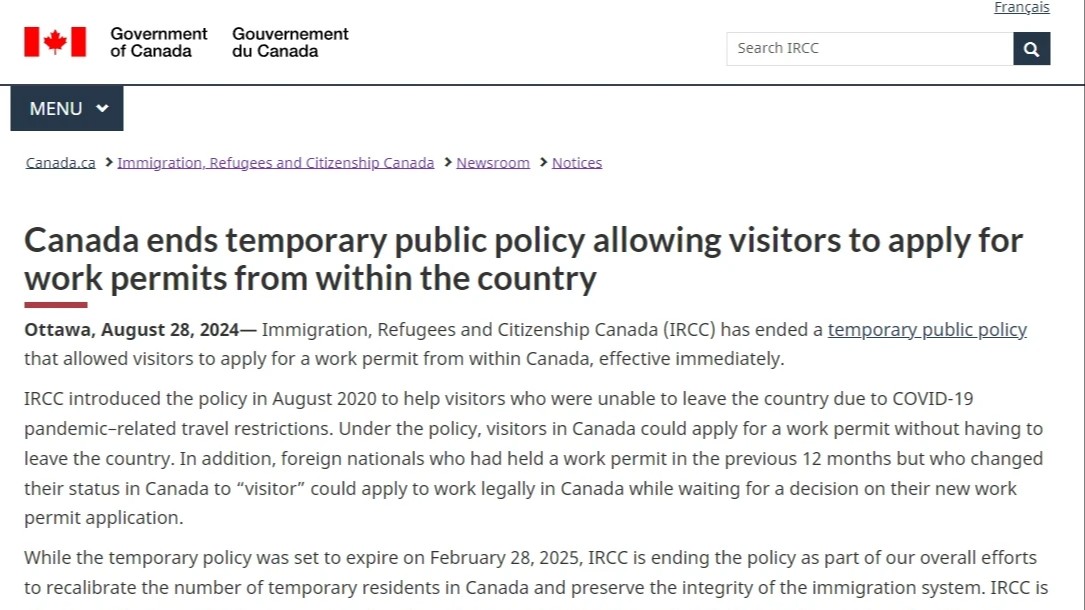 IRCC提前终止境内旅转工政策，即日生效！