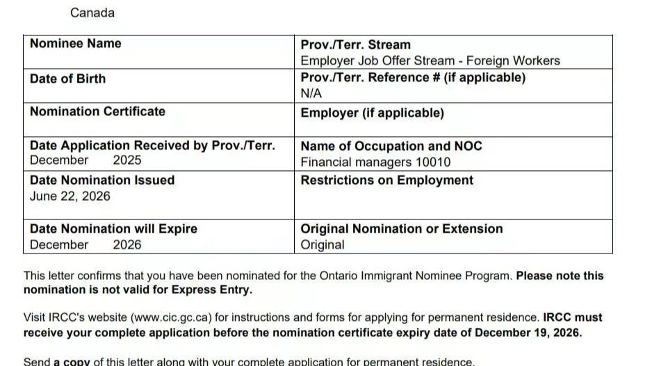 恭喜加拿大🇨🇦安省55岁客户省提名获批！！