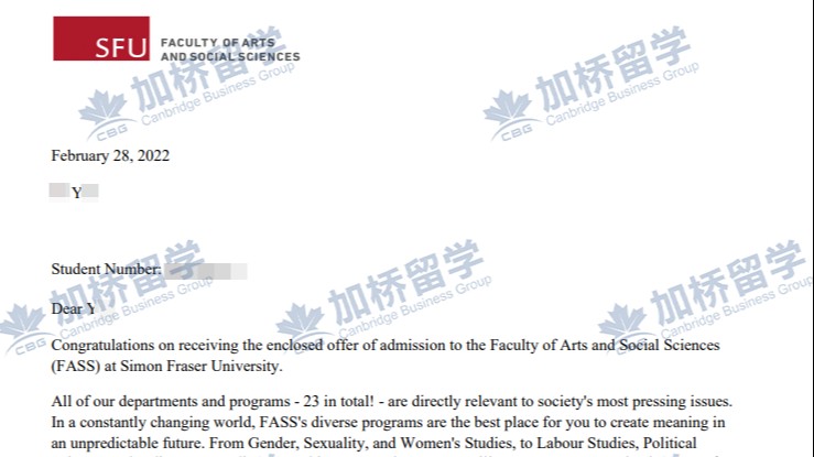 恭喜Y同学被SFU录取！