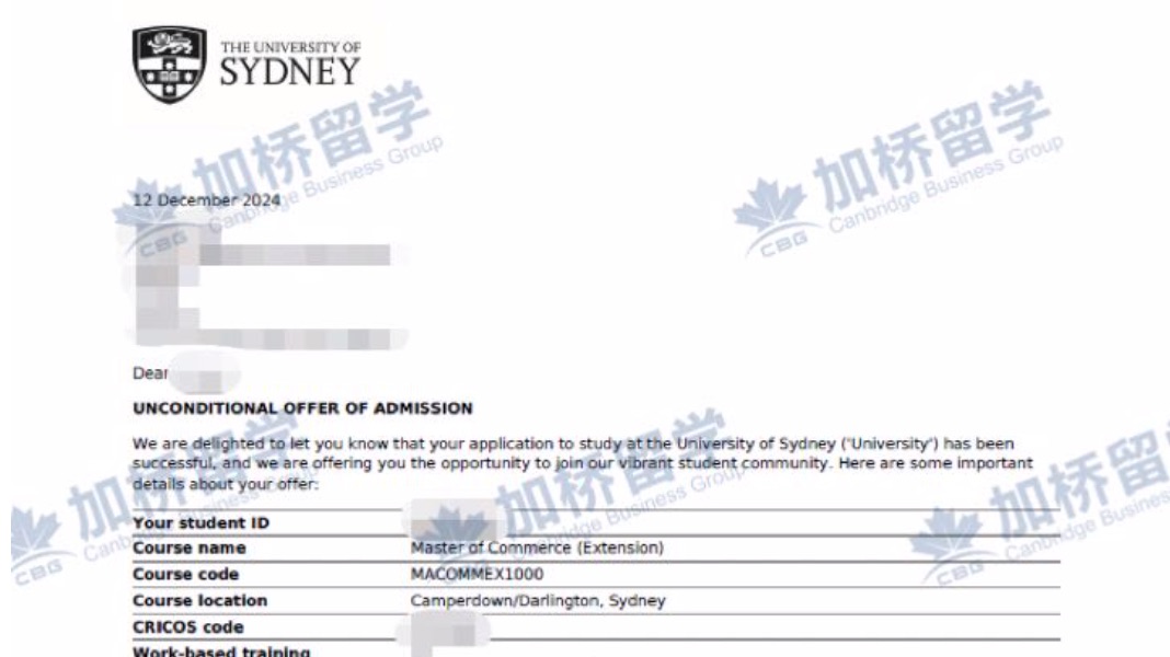 恭喜W同学，斩获悉尼大学研究生offer！