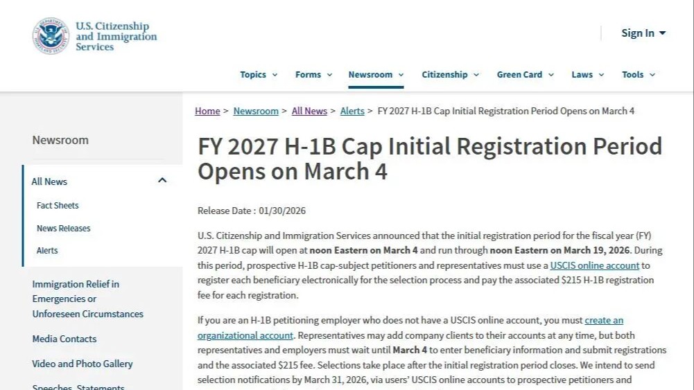 H-1B网上注册窗口期确认：3月4日开始