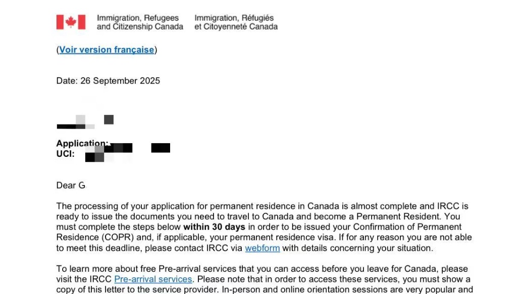 恭喜G先生全家全程境外未登录即获批加拿大PR