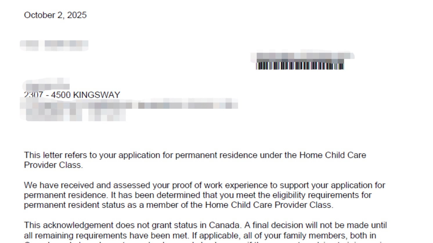 恭喜 X 客户， 保姆移民申请， 提交Pr申请！