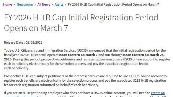 美国2025年H-1B将于3月7日开启注册通道