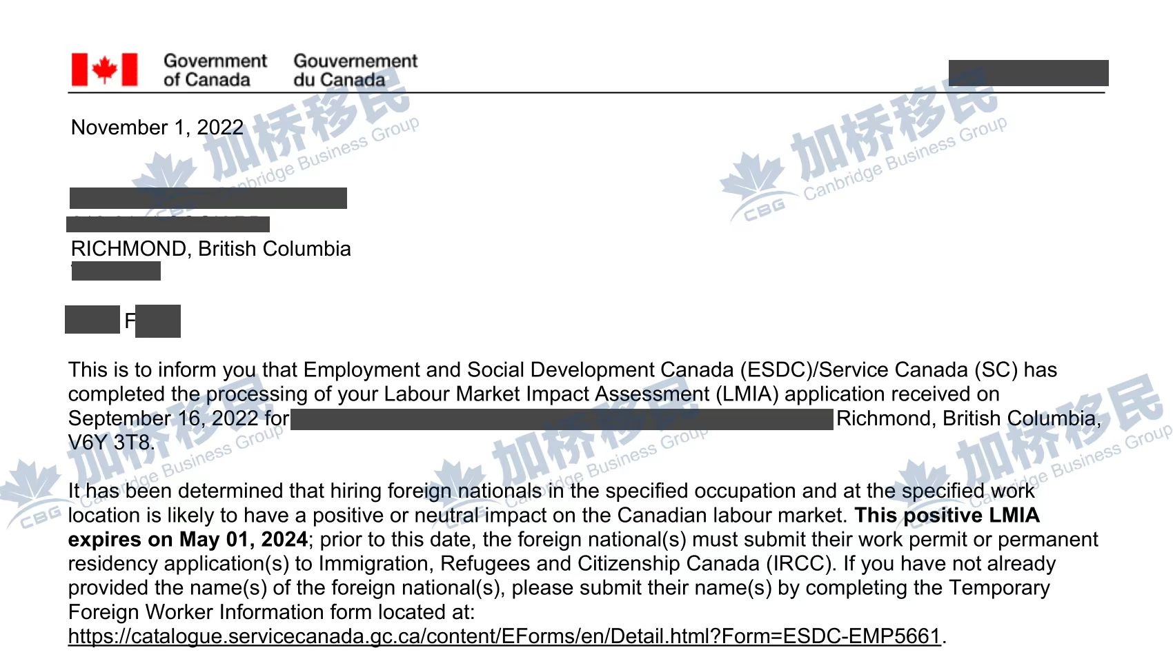 恭喜Y女士LMIA（noc0601 cooperate sales manager)一周加上名字